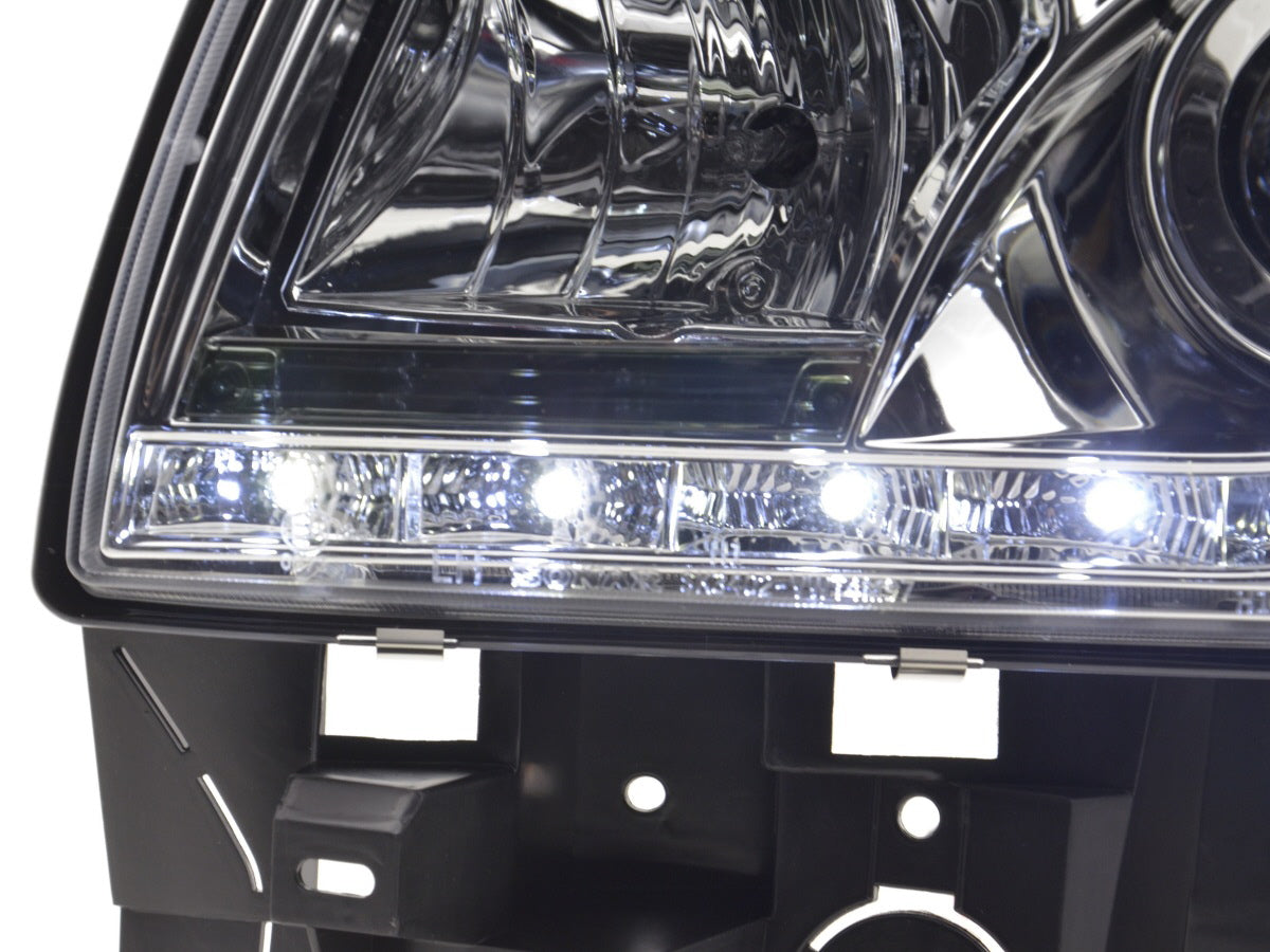 Scheinwerfer Set Daylight LED TFL-Optik VW Bus Typ T4 96-03 chrom für Rechtslenker Scheinwerfer Set Daylight LED TFL-Optik VW Bus Typ T4 96-03 chrom für Rechtslenker